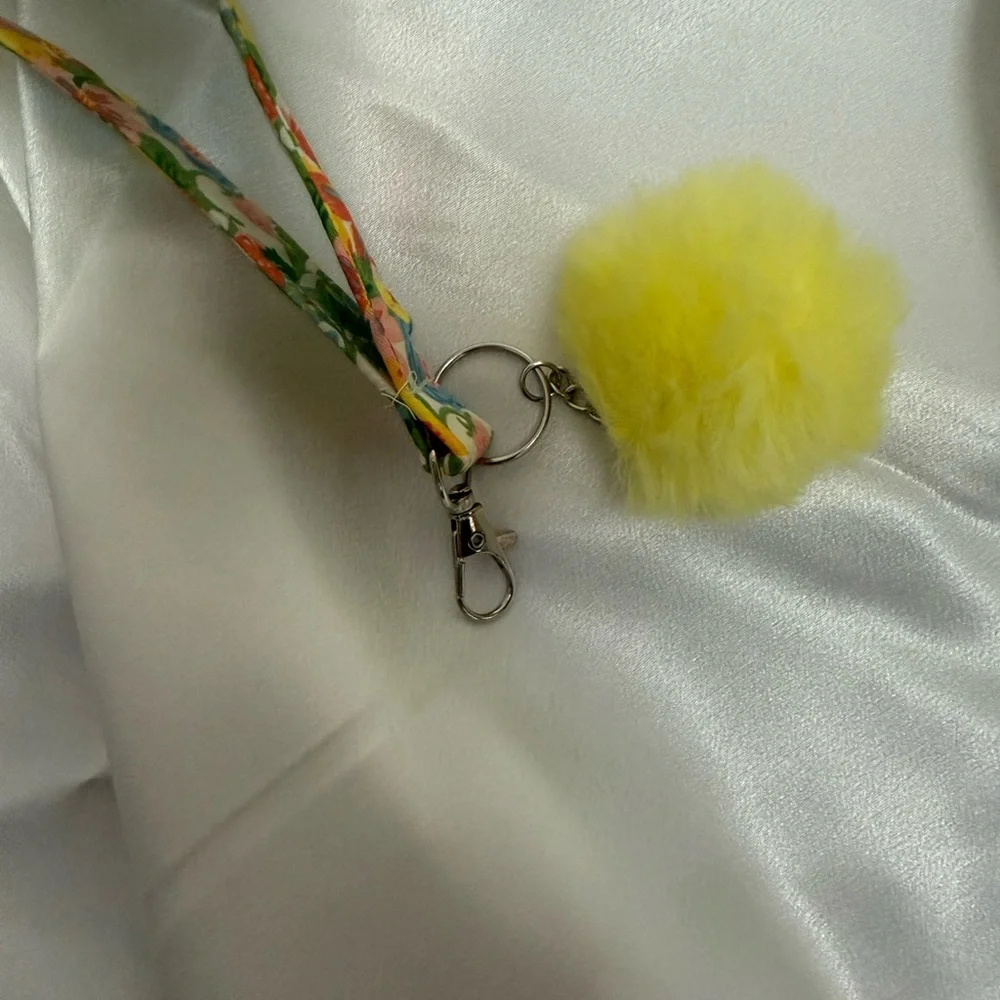Handmade Lemon and Floral Wristlet Keychain with Yellow Pompom